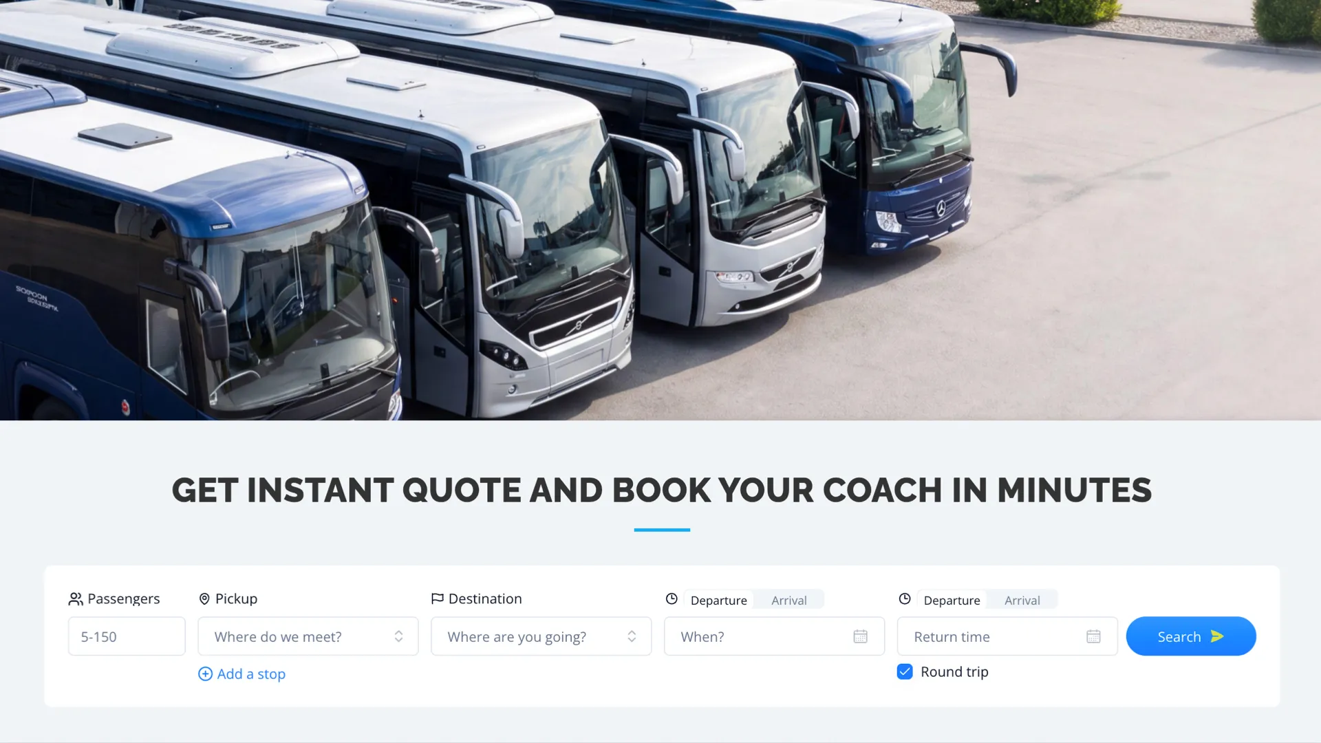 A coach booking website for an operator group: a line of coaches above an instant quote search bar for passengers, pickup, destination and travel dates