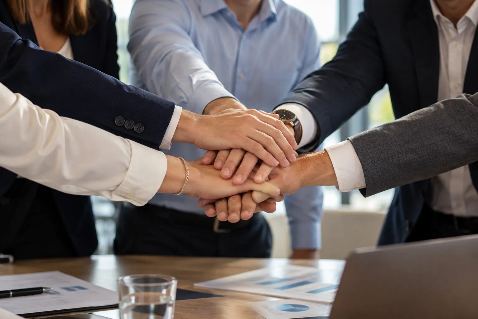 Association members stacking their hands together over a meeting table with reports and a laptop