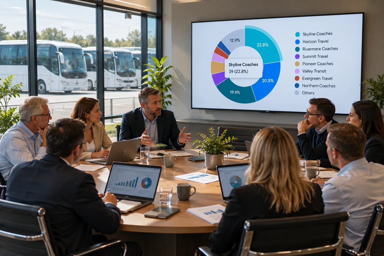 Coach operators around a meeting table reviewing a shared dashboard, with a wall screen showing bookings split by member operator and coaches parked outside the window