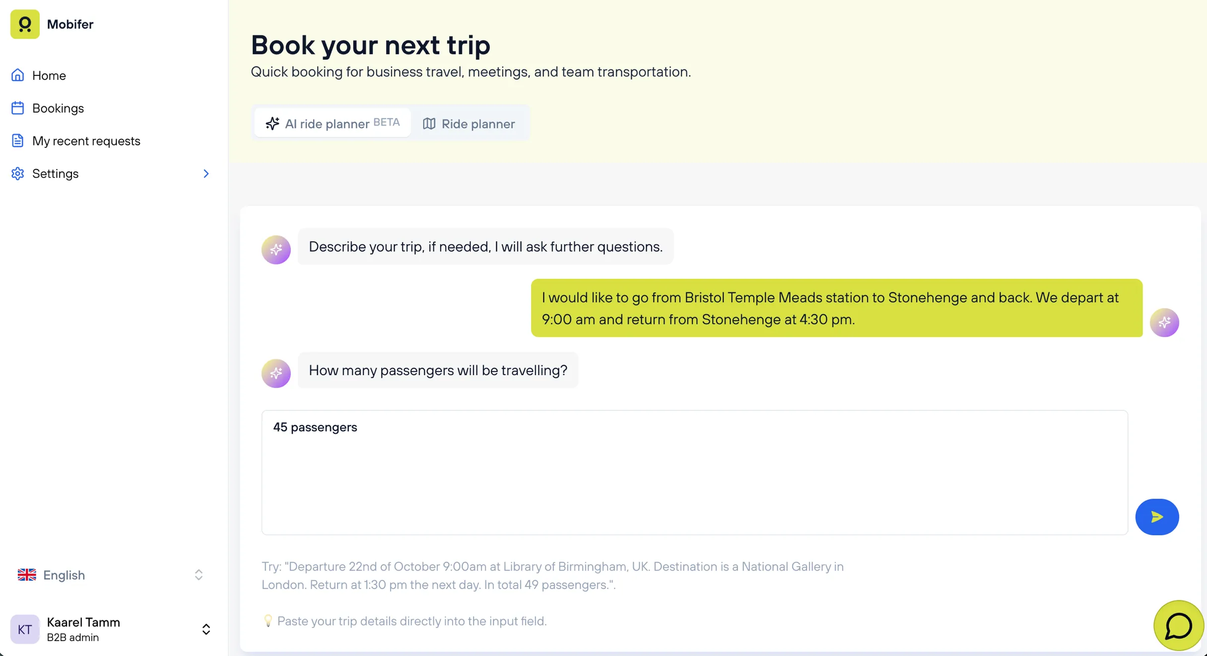 Customer portal AI ride planner: a customer describes a return trip from Bristol Temple Meads to Stonehenge and the assistant asks how many passengers will travel