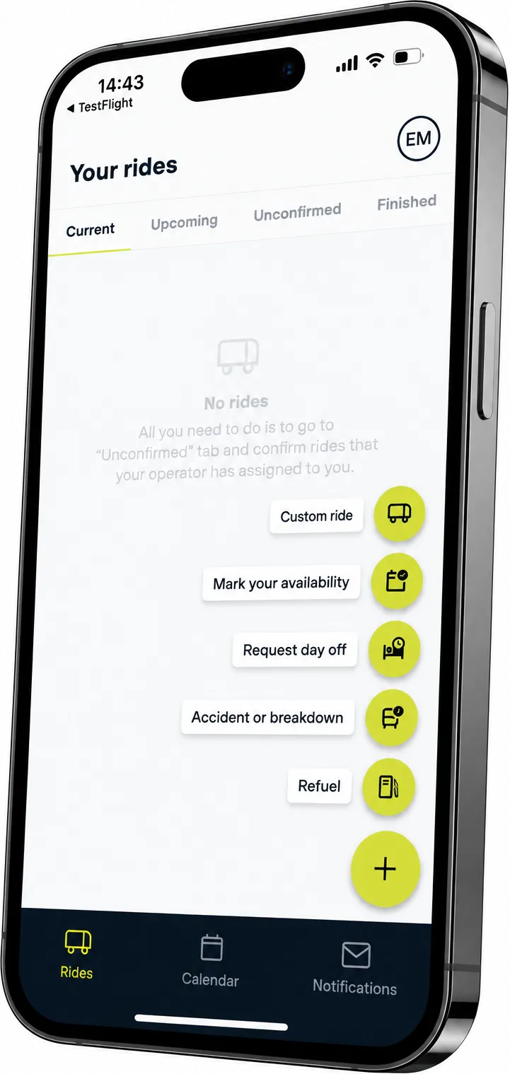 The Driver App on a phone, with its quick actions open over the rides screen: add a custom ride, mark your availability, request a day off, report an accident or breakdown, and log a refuel