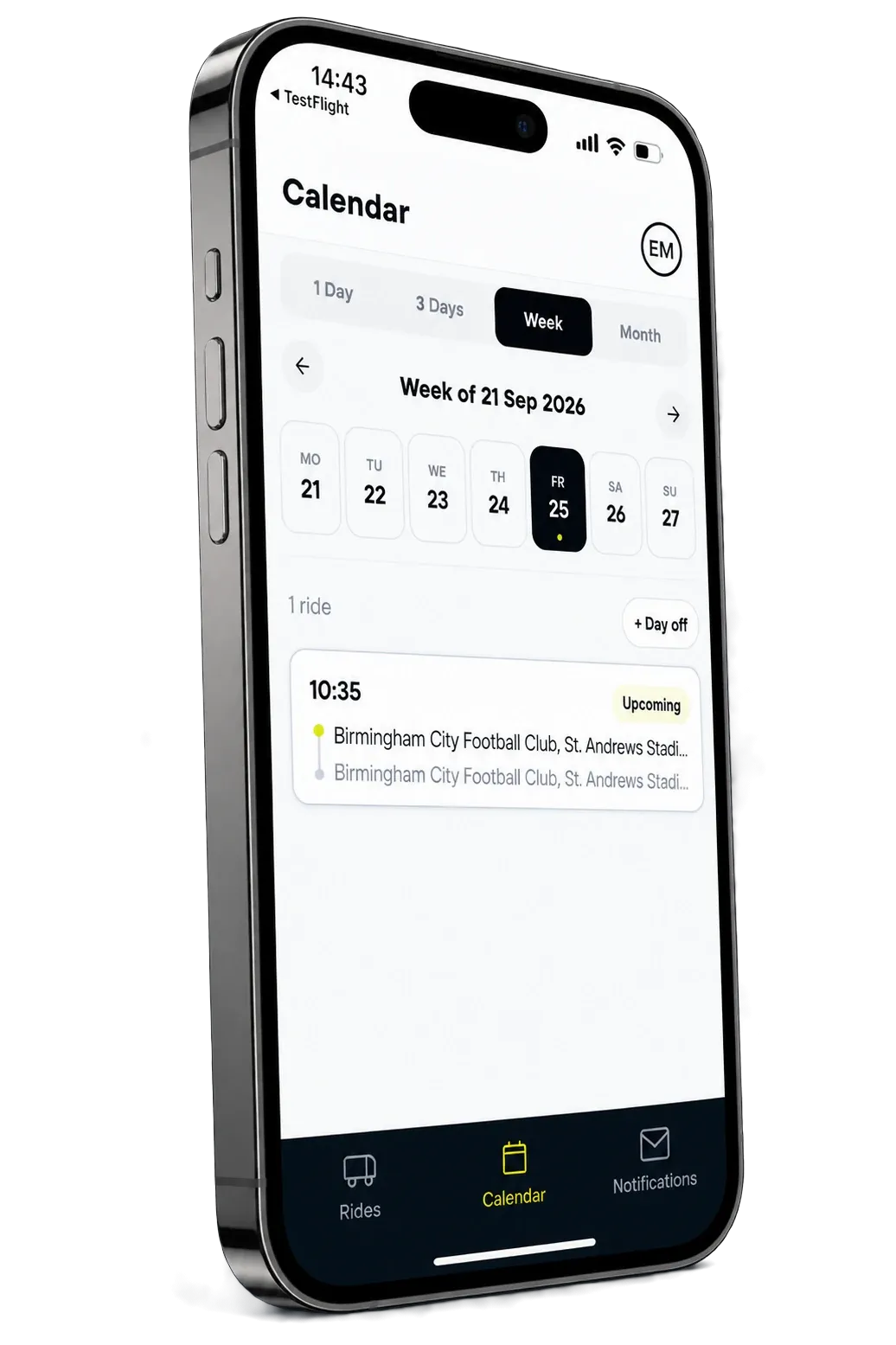 The Driver App calendar in week view: Friday 25 September selected, with one upcoming ride at 10:35 from Birmingham City Football Club and a button to add a day off