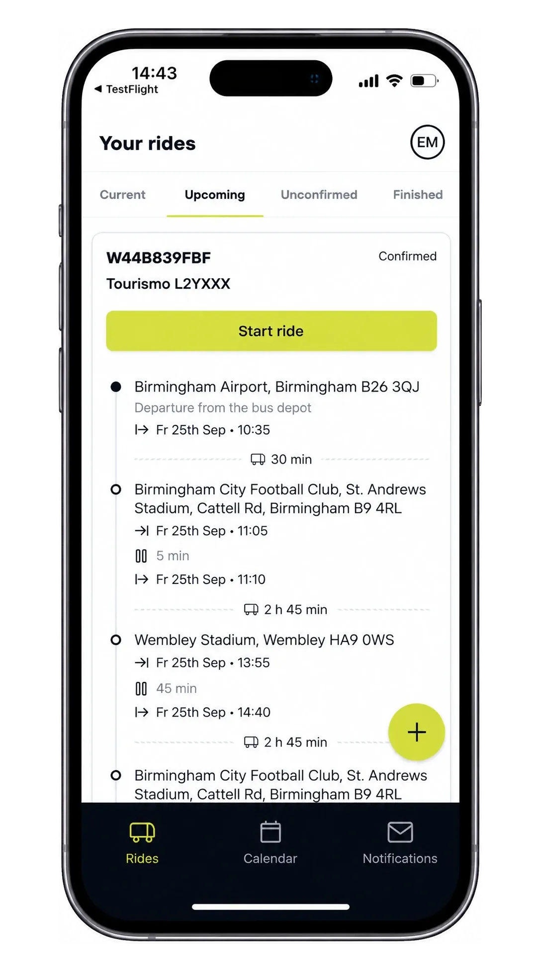 The Driver App upcoming rides: a confirmed job on a Mercedes Benz Tourismo, ready to start, from Birmingham Airport via St Andrews stadium to Wembley Stadium, with arrival, wait and departure times for each stop