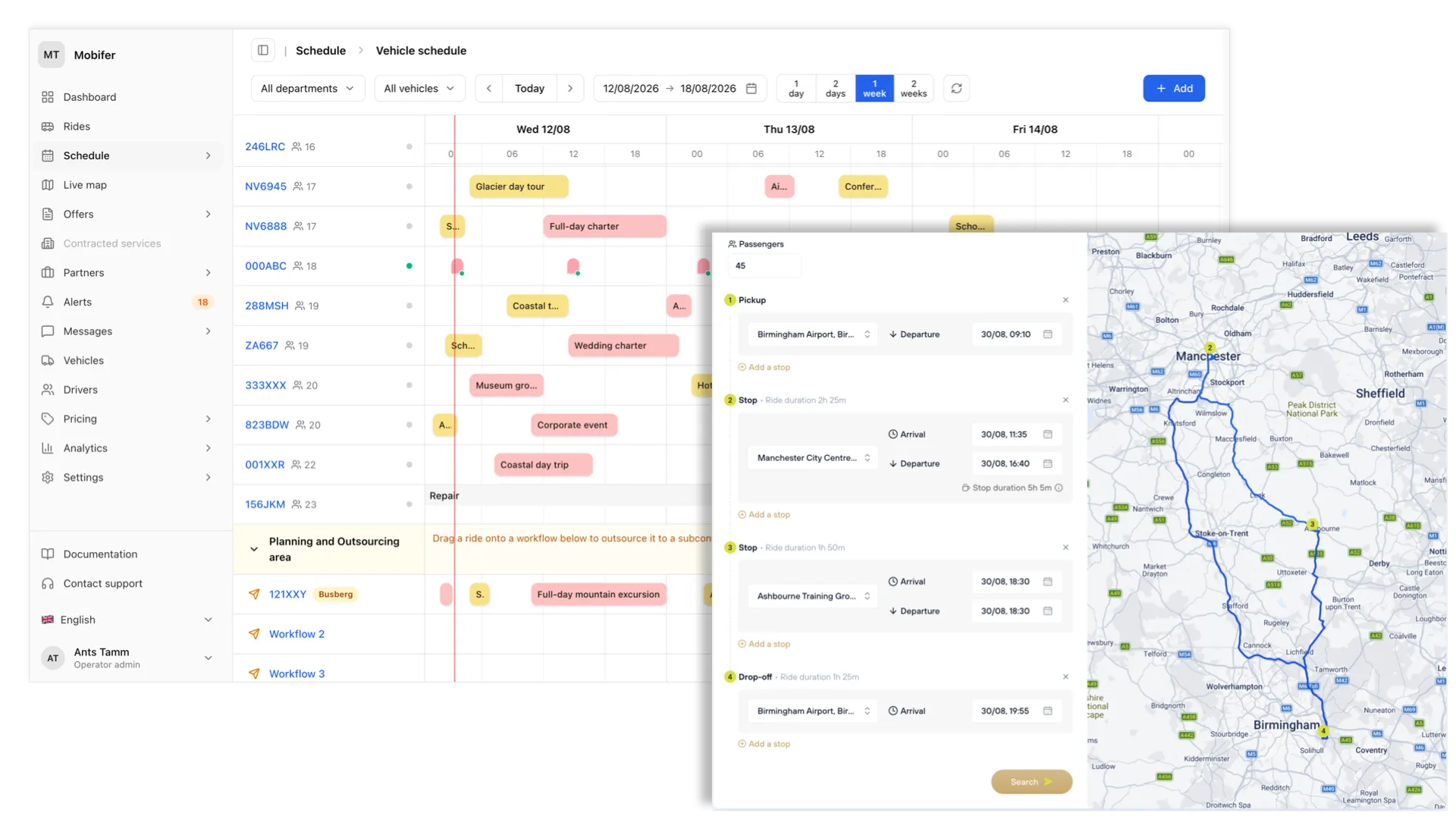 Mobifer Ops: a week of vehicle schedules with a planning and outsourcing area, and a ride planner panel listing pickup, stops and drop-off beside the routed journey on a map