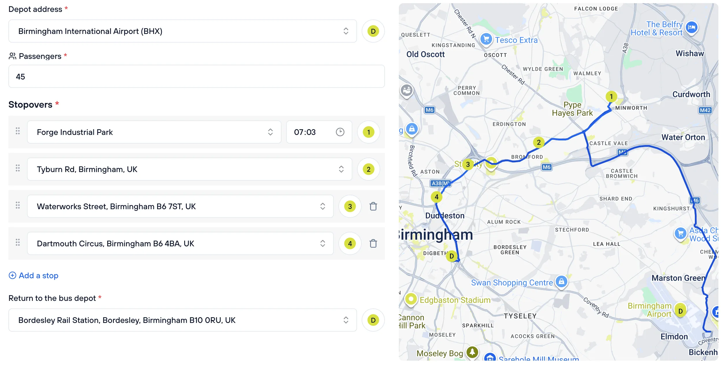 The Mobifer Ops route editor: a depot address, passenger count and an ordered, draggable list of stopovers each with its own pickup time, an add-a-stop link and a return-to-depot field, beside the numbered stops drawn along the routed journey on a map of Birmingham
