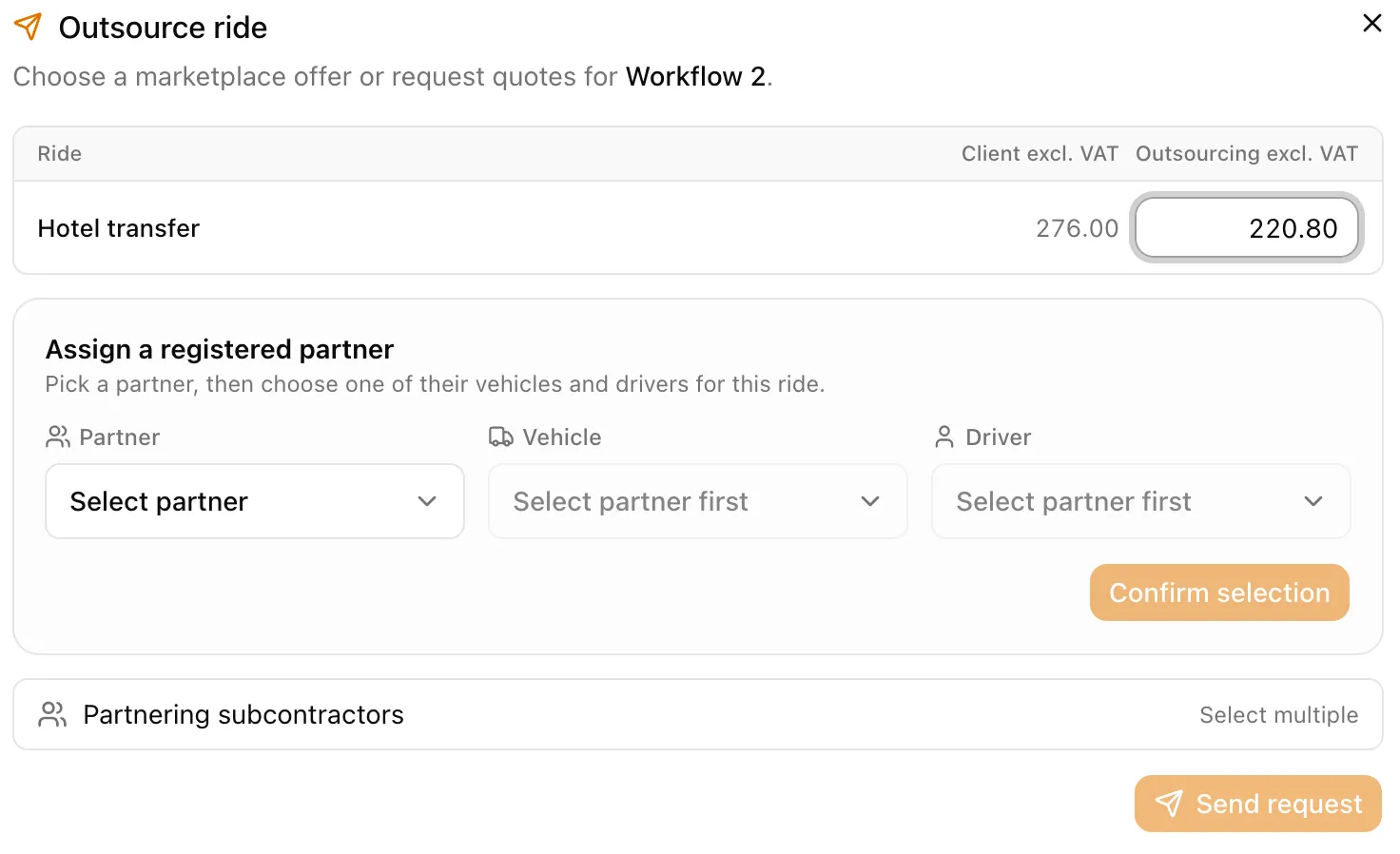 The Mobifer Ops outsource ride dialog: a hotel transfer showing the client price beside an editable outsourcing price, a panel for assigning a registered partner with vehicle and driver pickers, and an option to send the request to partnering subcontractors