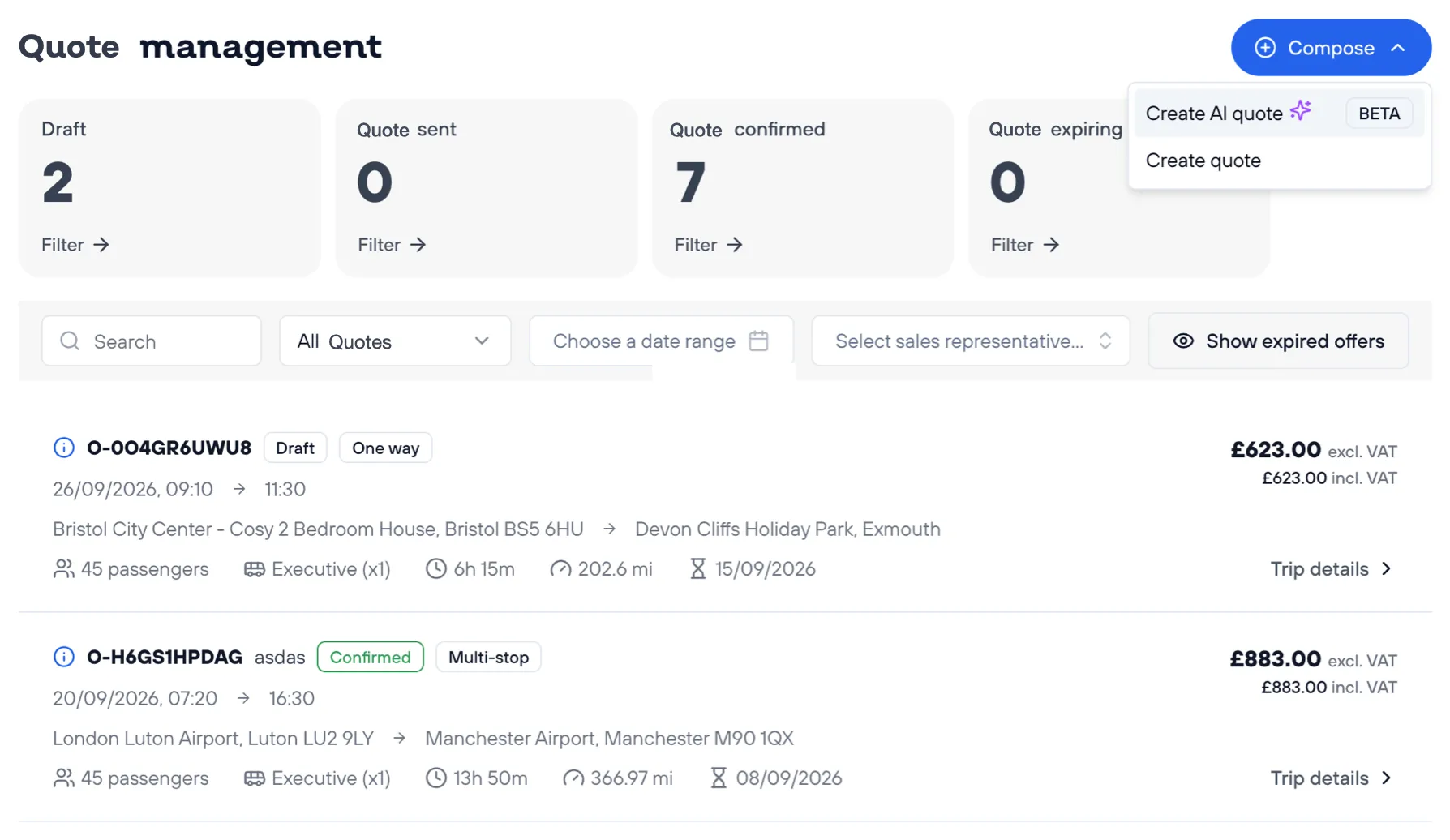 The Mobifer Ops quote management screen: counts of draft, sent, confirmed and expiring quotes above a list of quotes, each with its route, passenger count, vehicle, duration, distance and price, beside a Compose menu offering an AI quote or a manual one
