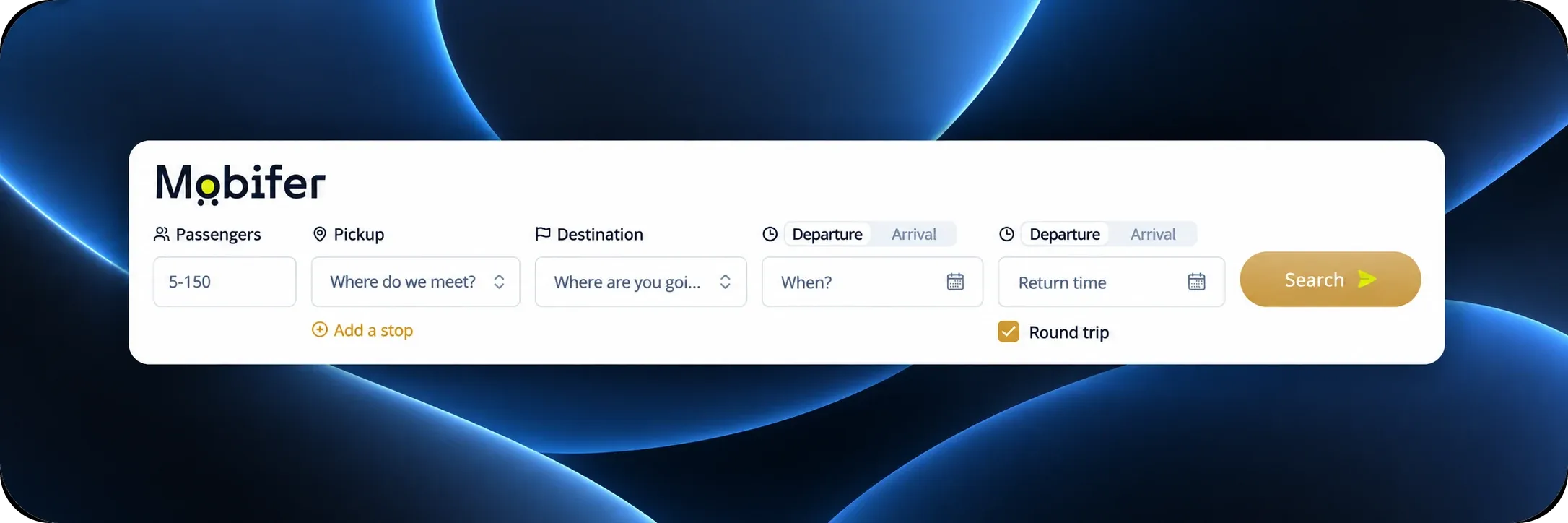 The Mobifer query engine on a laptop: a booking search bar with passengers, pickup, destination, departure and return time, an add-a-stop link and a round trip option